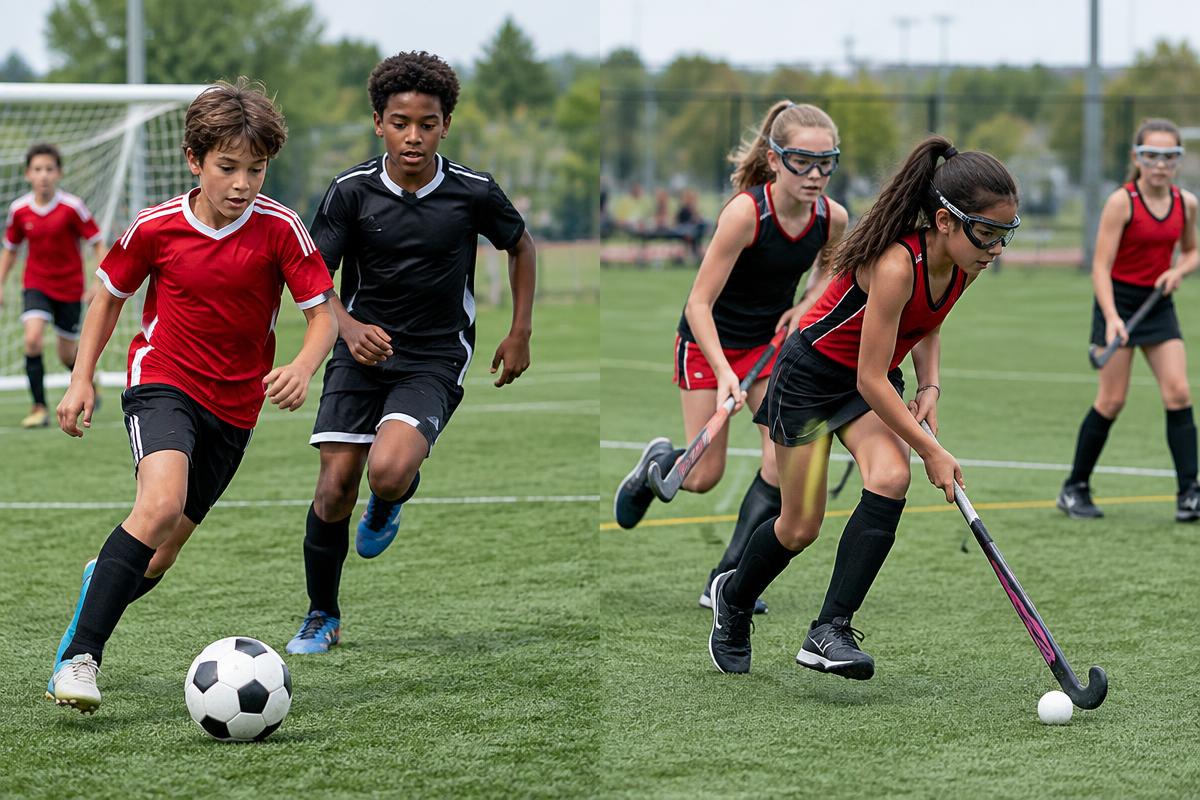 Young soccer and field hockey athletes in action